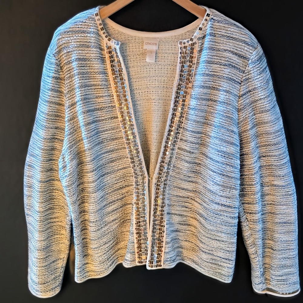 Chico’s Open Knit Cardigan Sweater Size 3
Cotton Ivory base with Heather Blues
